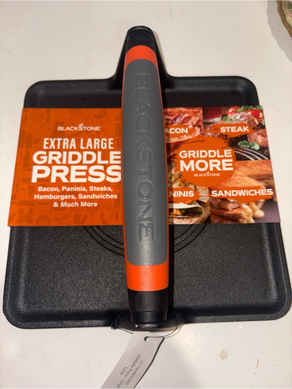 Blackstone Cast Iron Griddle Press with Black and Orange Handle, 10x10